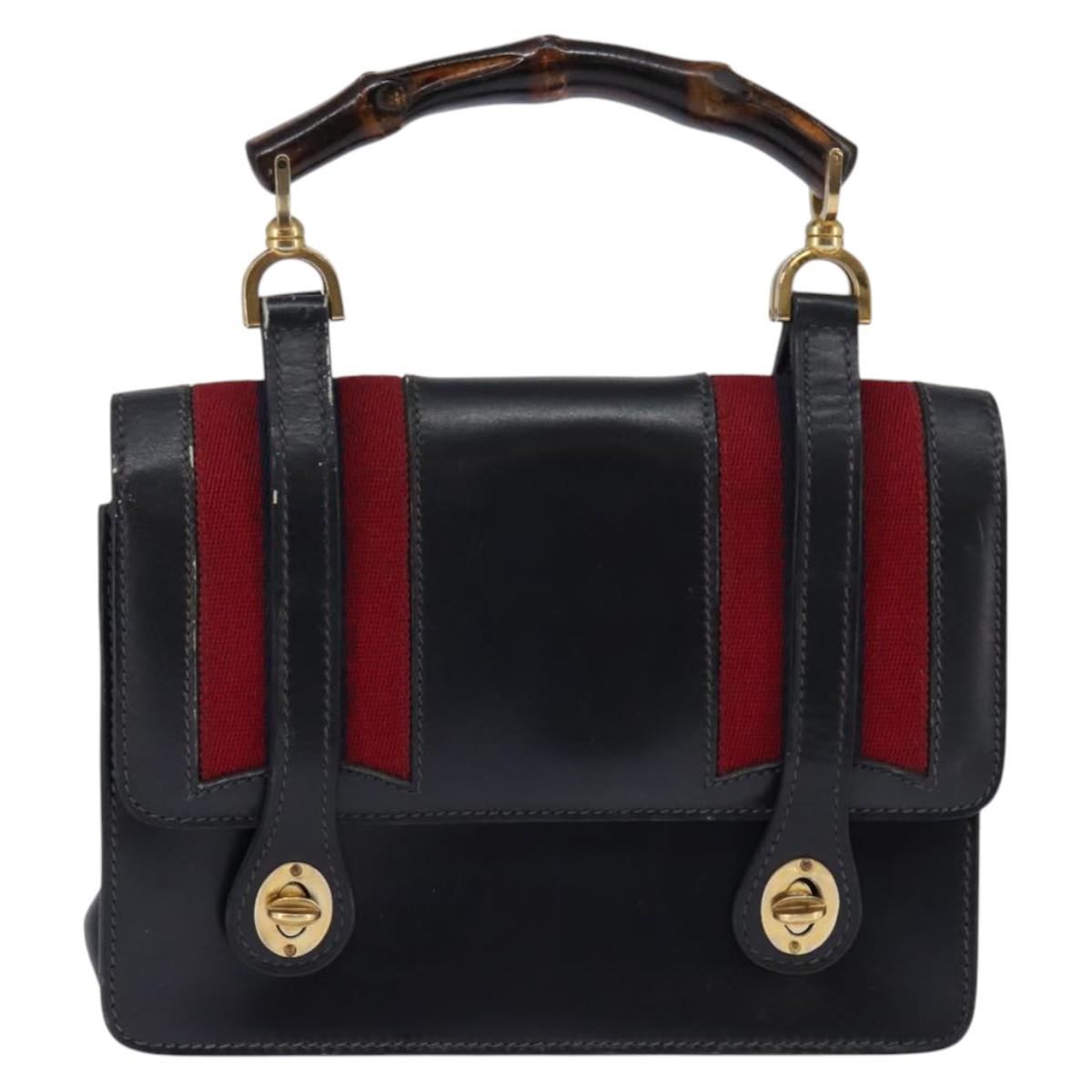 GUCCI Bamboo Sherry Line Hand Bag Leather Navy Red gold Auth SW1701