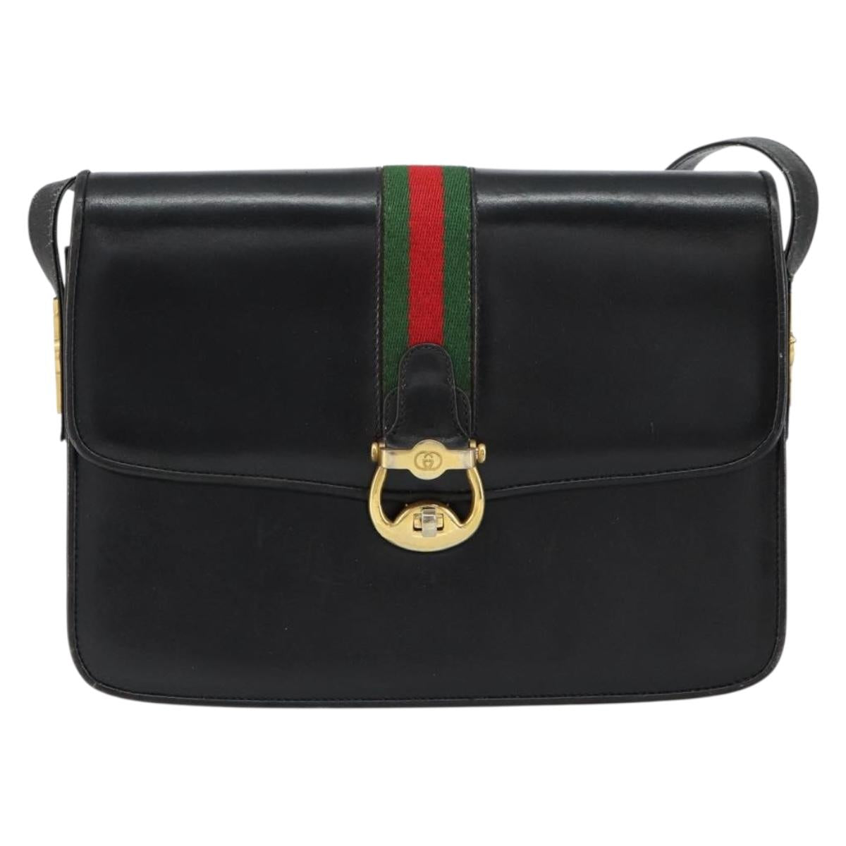 GUCCI Web Sherry Line Shoulder Bag Leather Black Gold Auth SW1764