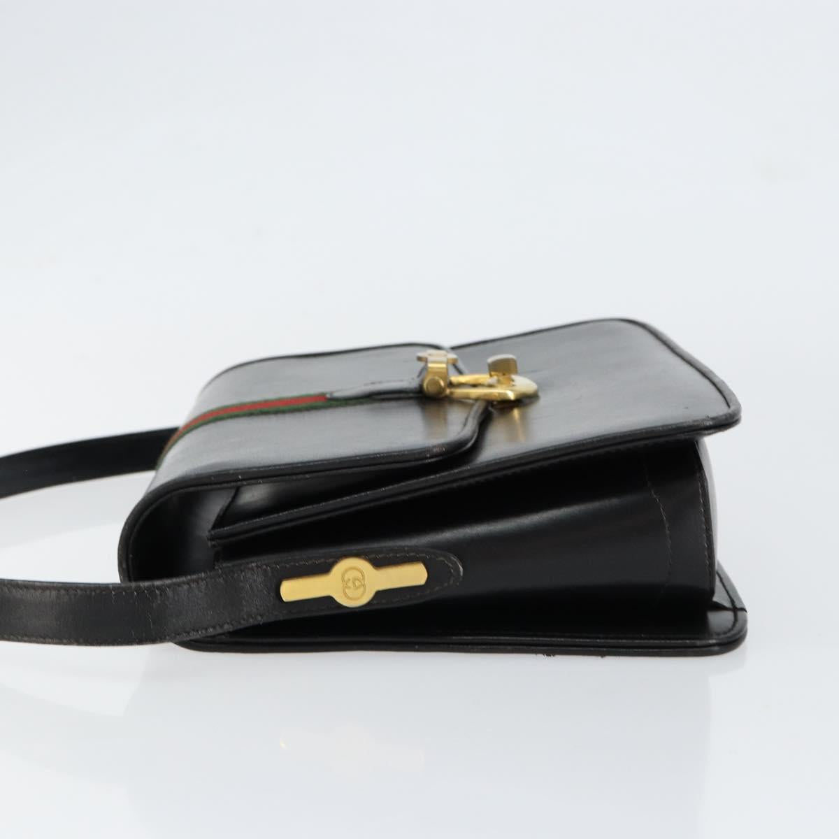 GUCCI Web Sherry Line Shoulder Bag Leather Black Gold Auth SW1764