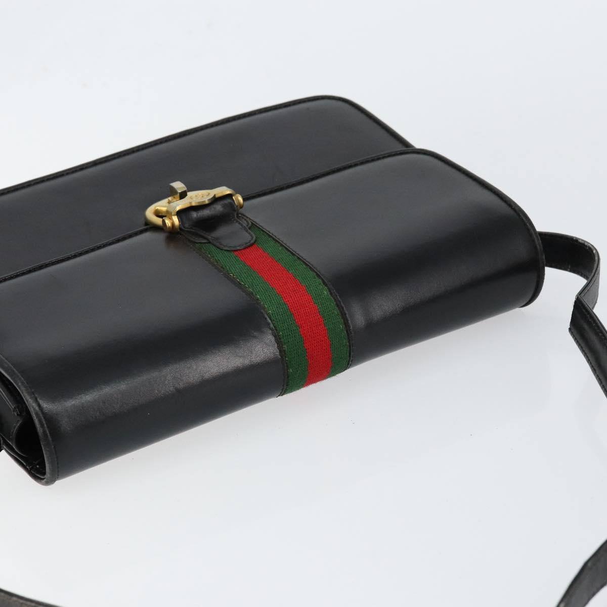 GUCCI Web Sherry Line Shoulder Bag Leather Black Gold Auth SW1764