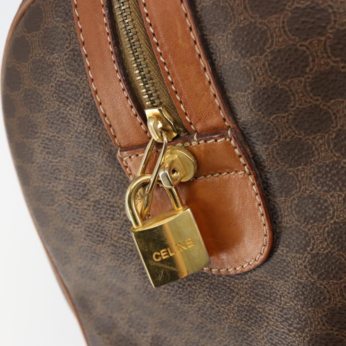 CELINE Macadam Canvas Boston Bag PVC Brown Gold Auth SW1788