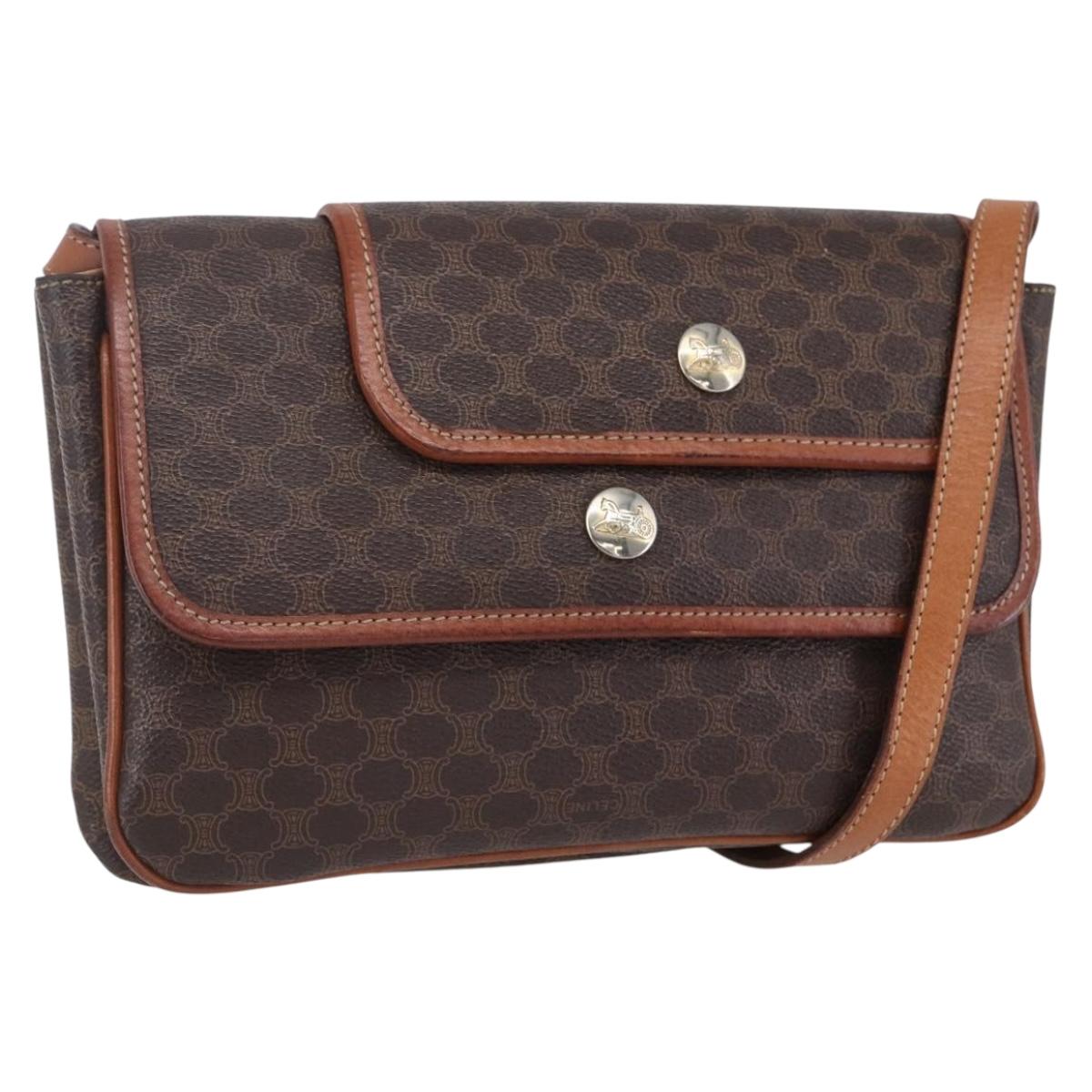 CELINE Macadam Canvas Shoulder Bag PVC Leather Brown Gold Auth SW1792