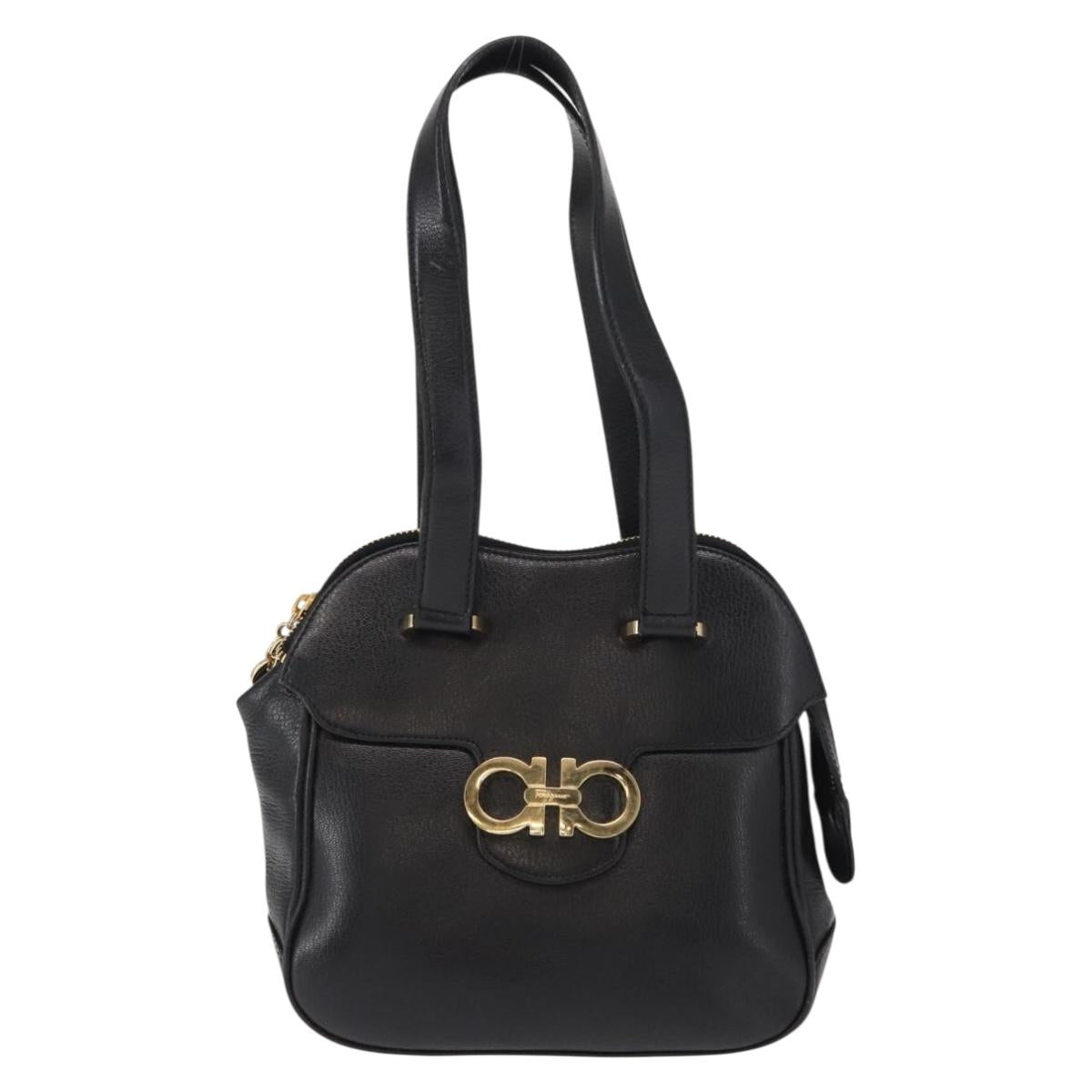 Salvatore Ferragamo Gancini Hand Bag Leather Black Gold Auth SW1799