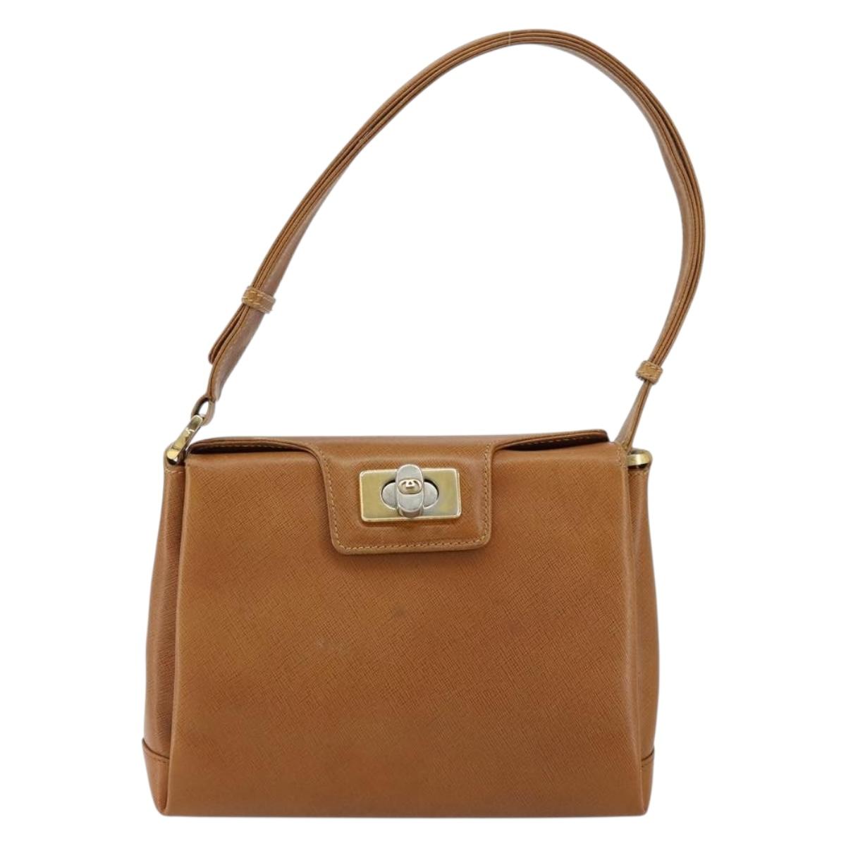 GUCCI Shoulder Bag Leather Brown Gold Auth SW1800