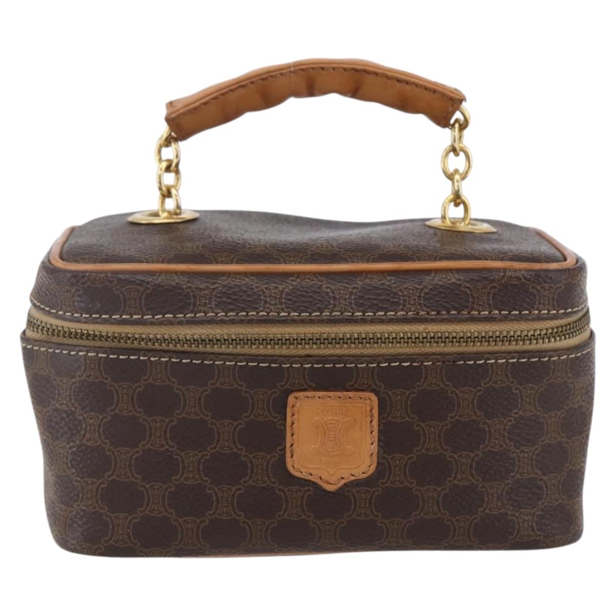 CELINE Macadam Canvas Vanity Pouch PVC Leather Brown Gold Auth SW1803