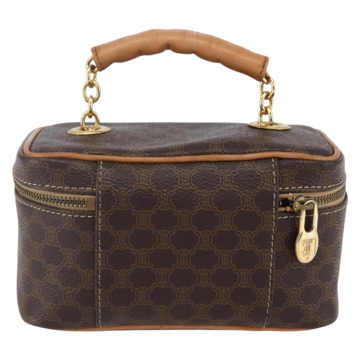 CELINE Macadam Canvas Vanity Pouch PVC Leather Brown Gold Auth SW1803