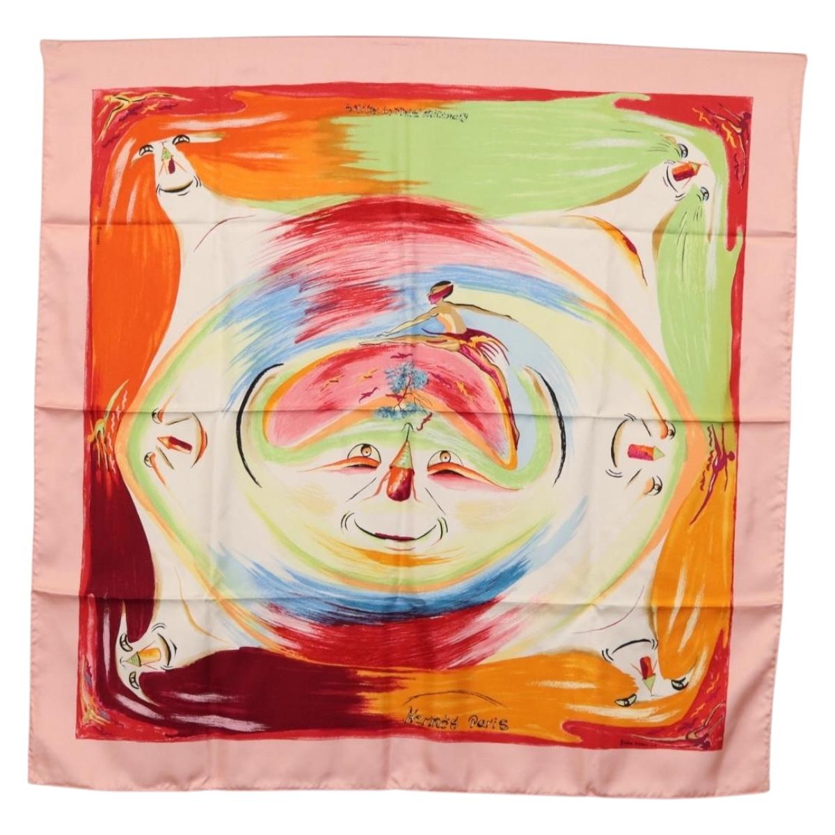 HERMES Carre 90 Scarf ""Smiles in Third millenary"" Silk Pink Auth SW1826M