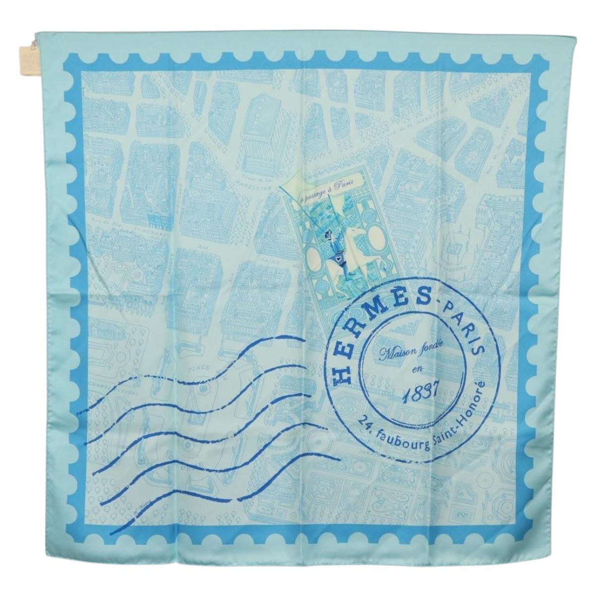 HERMES Carre 90 Scarf ""de passage a Paris"" Silk Light Blue Auth SW1828M