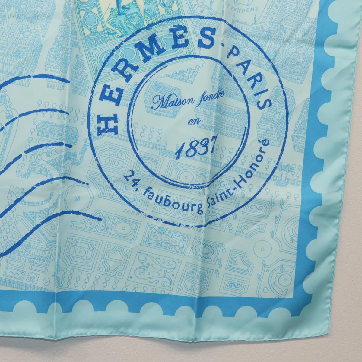 HERMES Carre 90 Scarf ""de passage a Paris"" Silk Light Blue Auth SW1828M