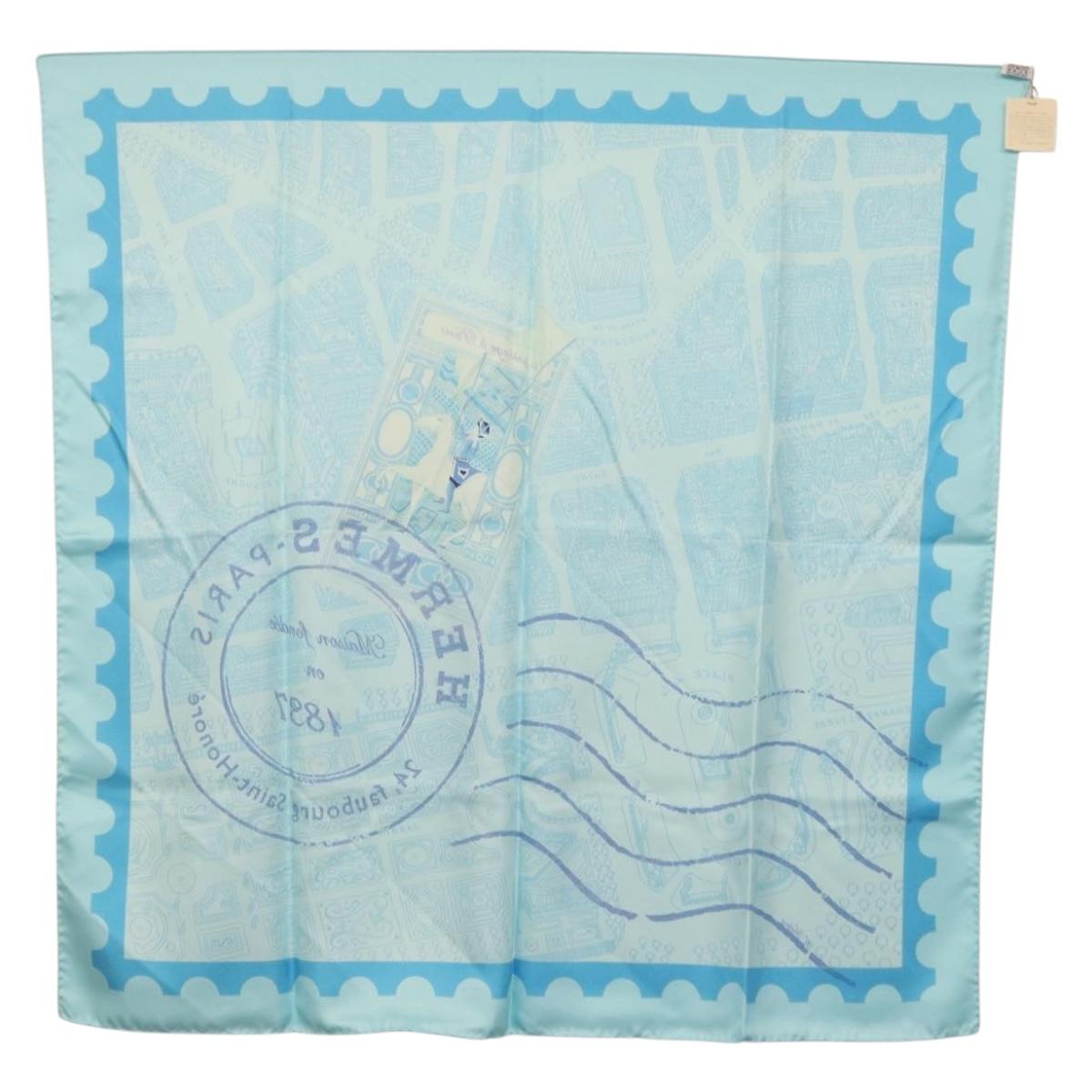 HERMES Carre 90 Scarf ""de passage a Paris"" Silk Light Blue Auth SW1828M