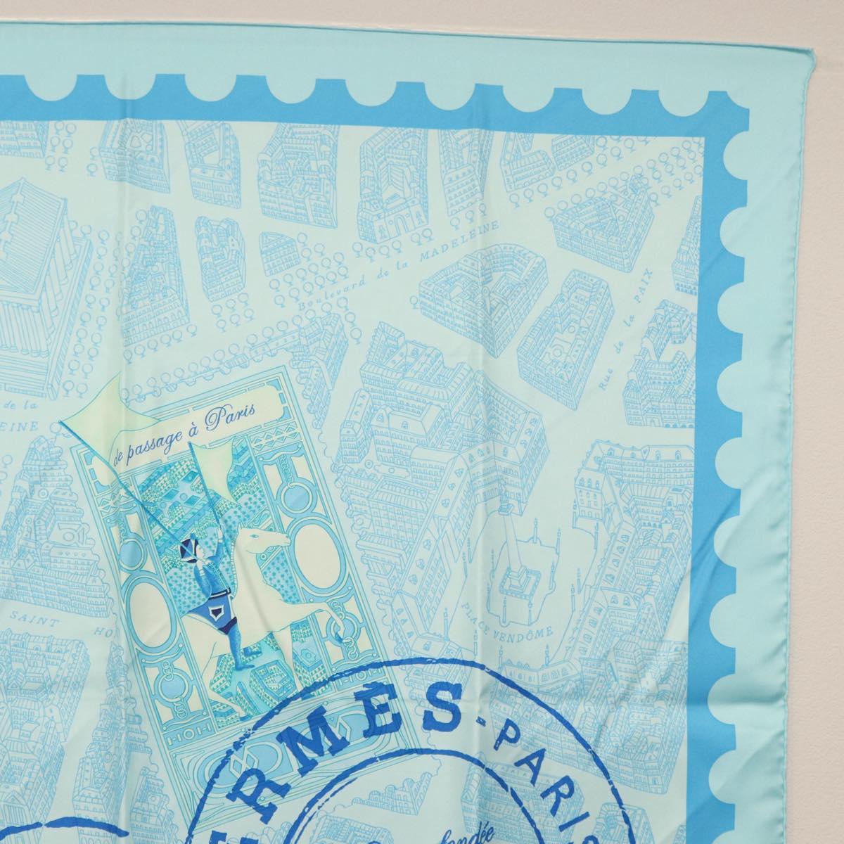 HERMES Carre 90 Scarf ""de passage a Paris"" Silk Light Blue Auth SW1828M