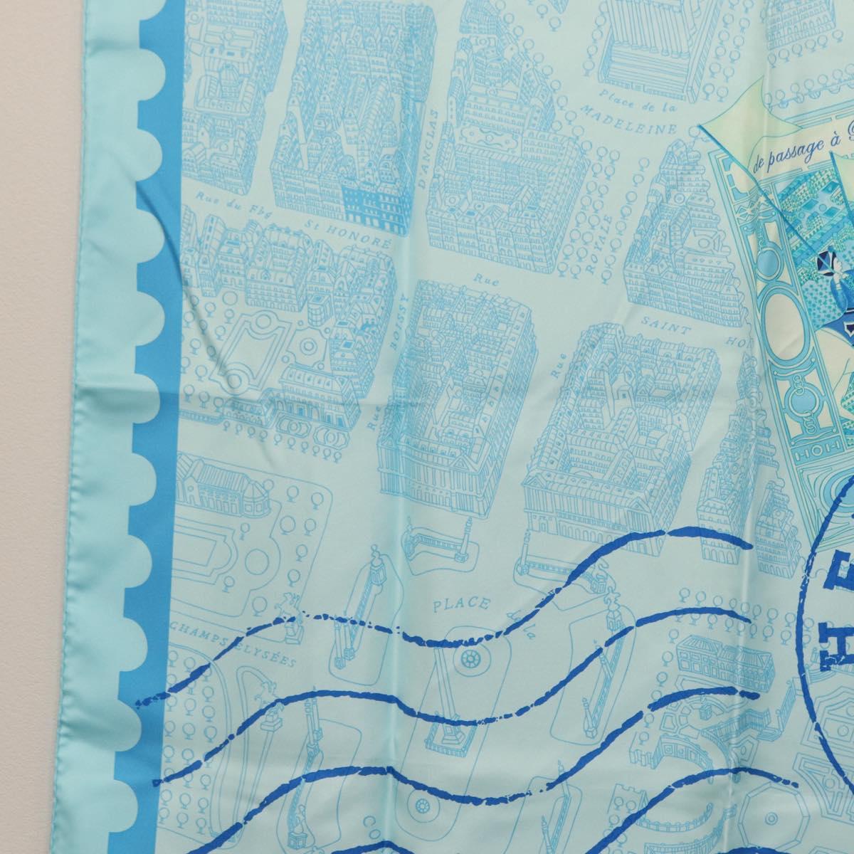 HERMES Carre 90 Scarf ""de passage a Paris"" Silk Light Blue Auth SW1828M