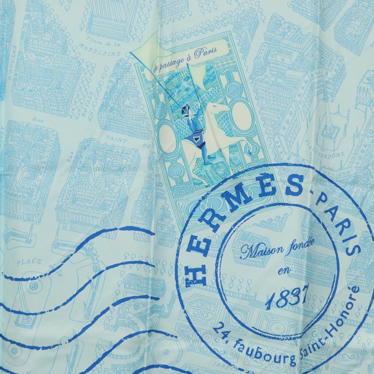 HERMES Carre 90 Scarf ""de passage a Paris"" Silk Light Blue Auth SW1828M
