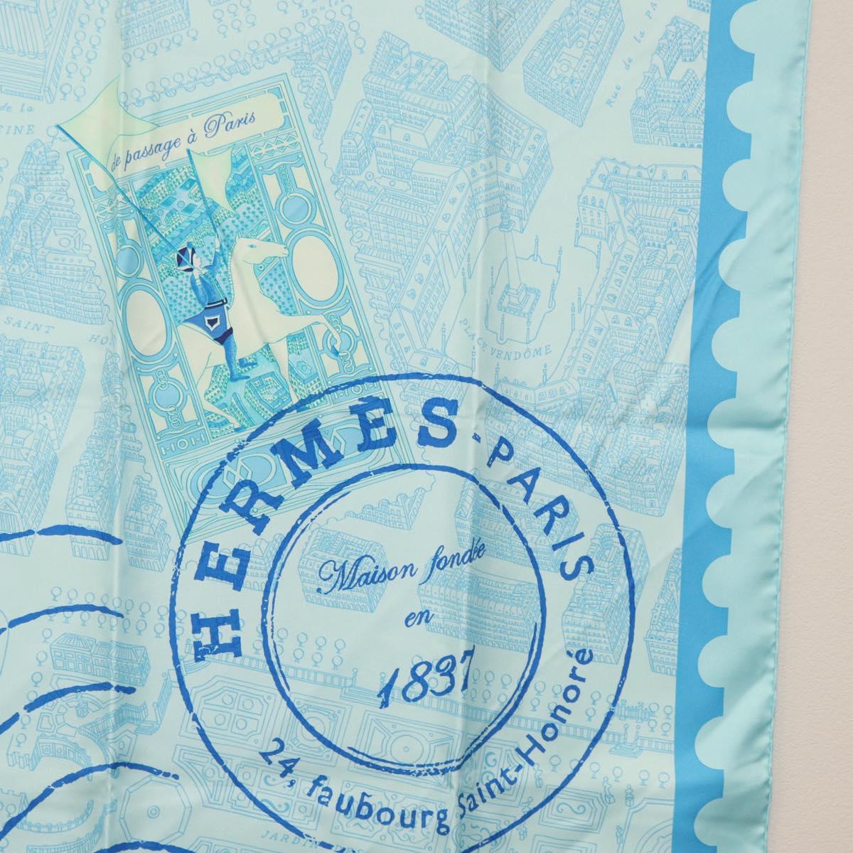 HERMES Carre 90 Scarf ""de passage a Paris"" Silk Light Blue Auth SW1828M