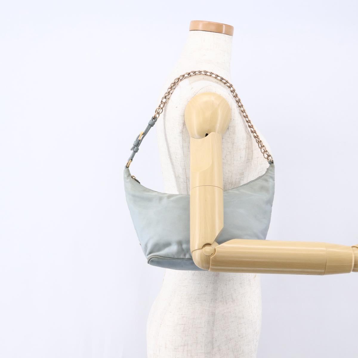 PRADA Chain Shoulder Bag Nylon Light Blue Gold Auth SW1832