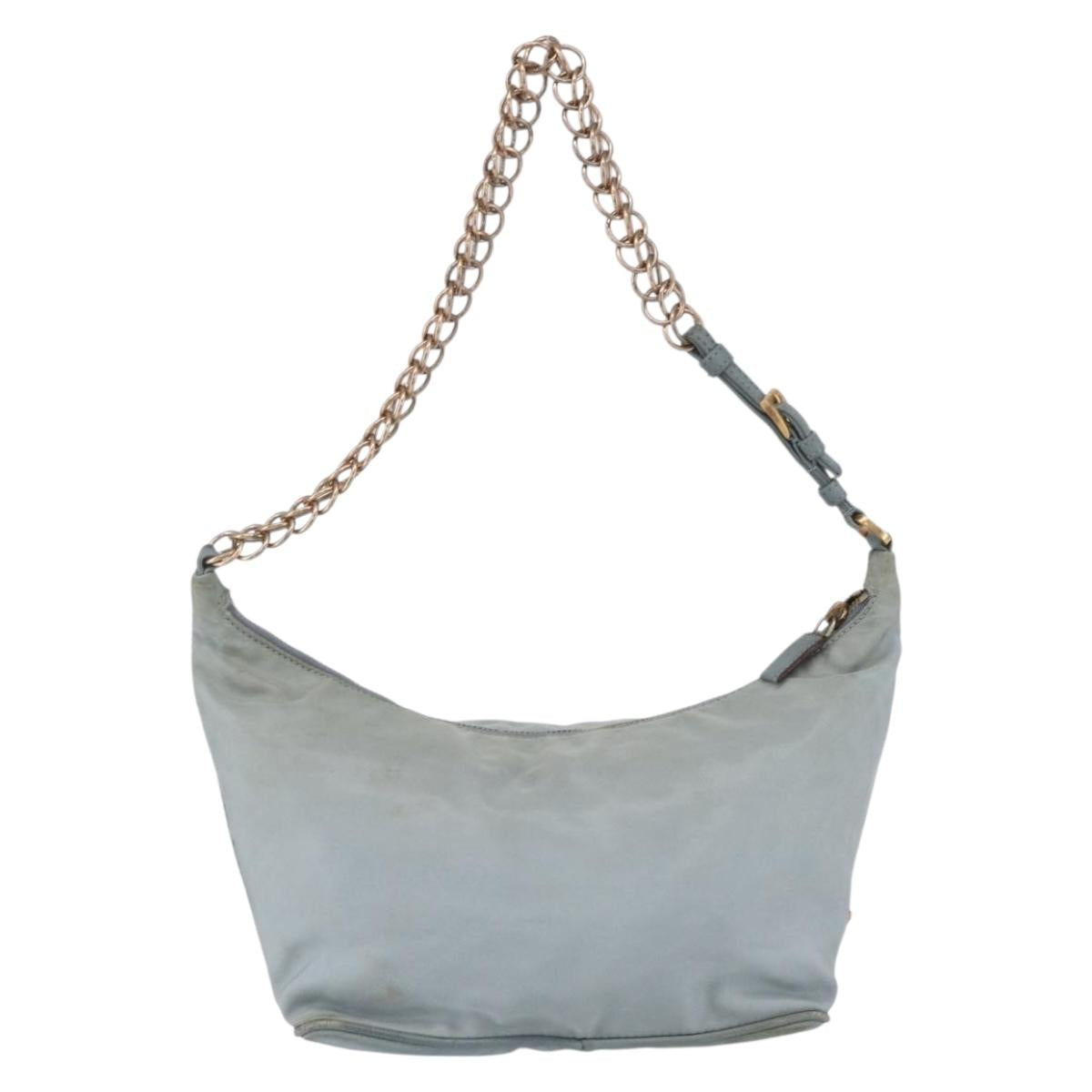 PRADA Chain Shoulder Bag Nylon Light Blue Gold Auth SW1832