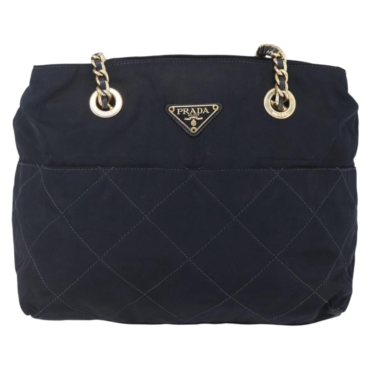 PRADA Chain Shoulder Bag Nylon Navy Gold Auth SW1835