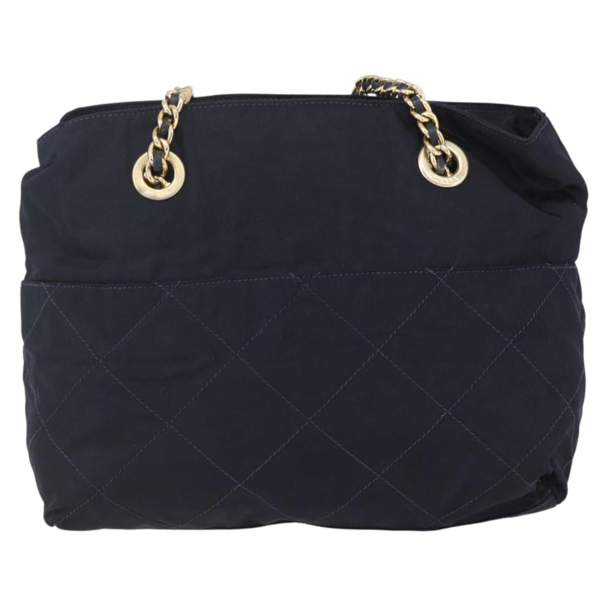 PRADA Chain Shoulder Bag Nylon Navy Gold Auth SW1835
