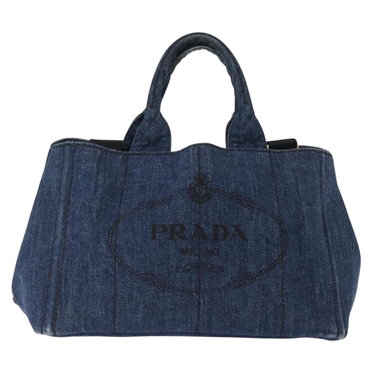 PRADA Canapa MM Hand Bag Denim 2way Blue Gold Auth SW1842