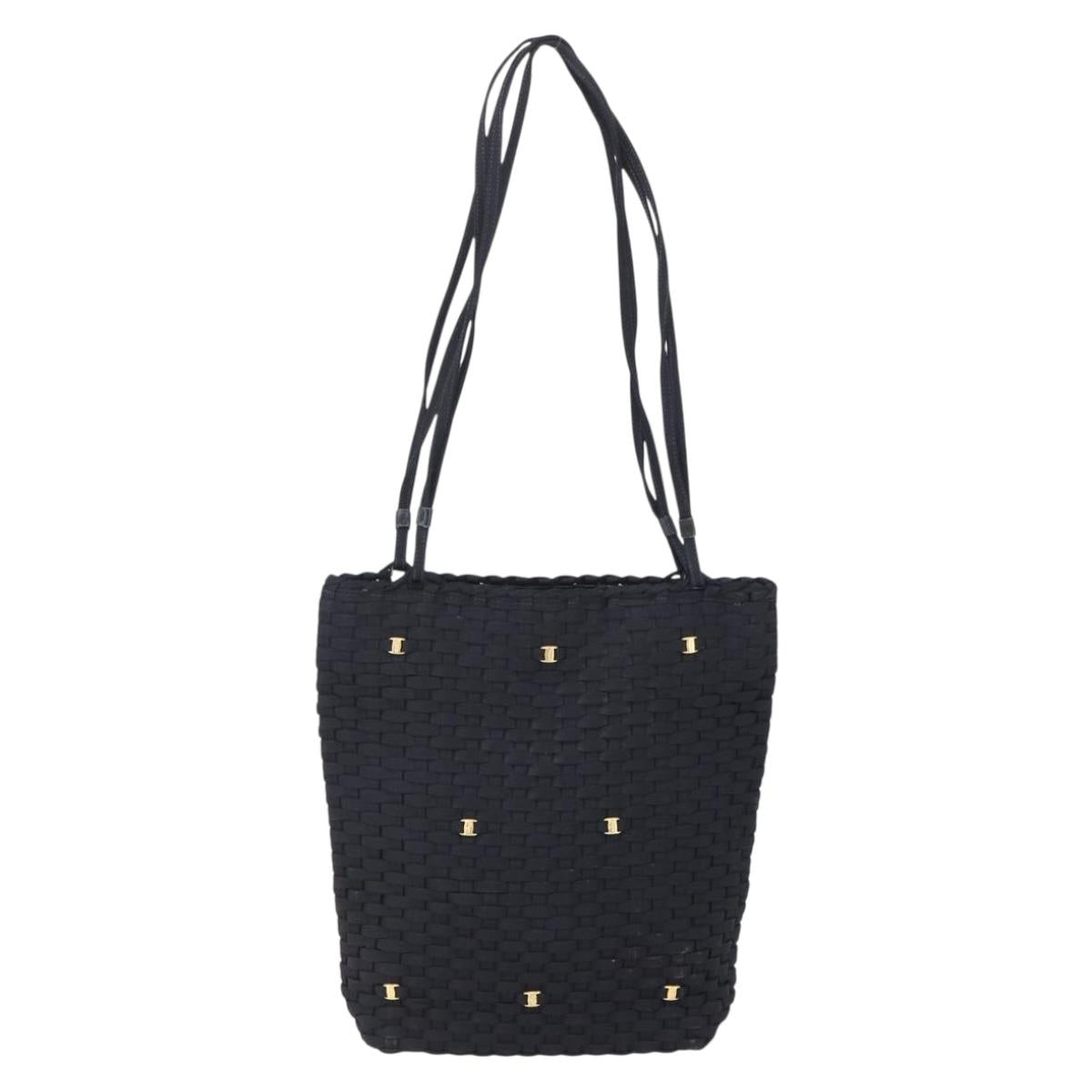 Salvatore Ferragamo Vala Shoulder Bag Nylon Black Gold Auth SW1849