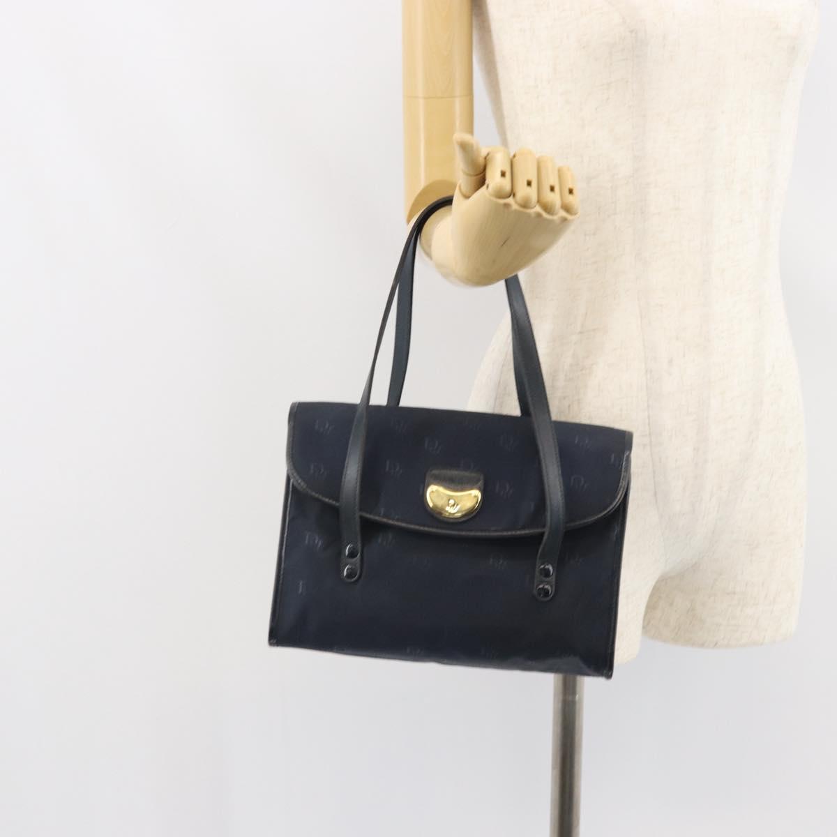 Christian Dior Honeycomb Canvas Hand Bag Nylon Gold Navy Auth SW1863