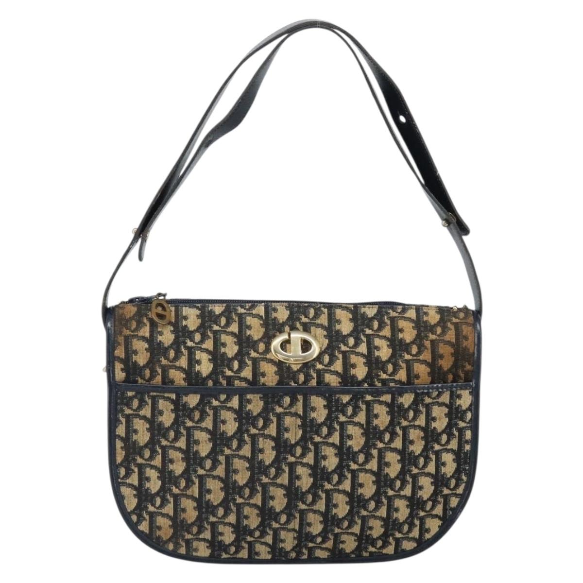 Christian Dior Trotter Canvas Shoulder Bag Navy Gold Auth SW1865