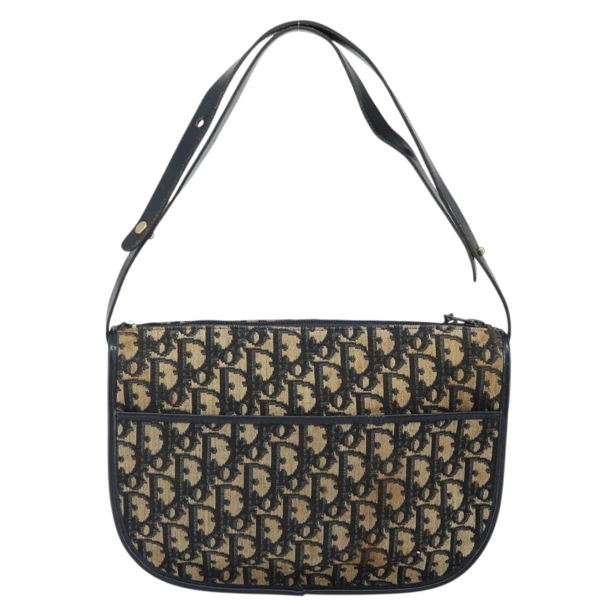 Christian Dior Trotter Canvas Shoulder Bag Navy Gold Auth SW1865