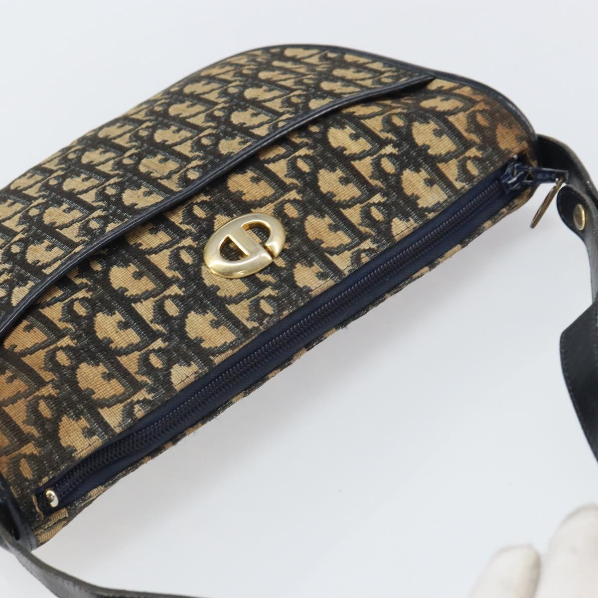 Christian Dior Trotter Canvas Shoulder Bag Navy Gold Auth SW1865