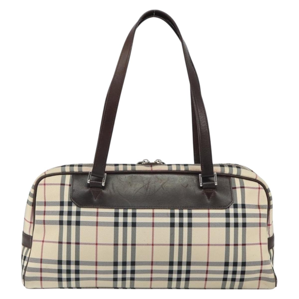 BURBERRY Nova Check Hand Bag Nylon Beige Silver Auth SW1878