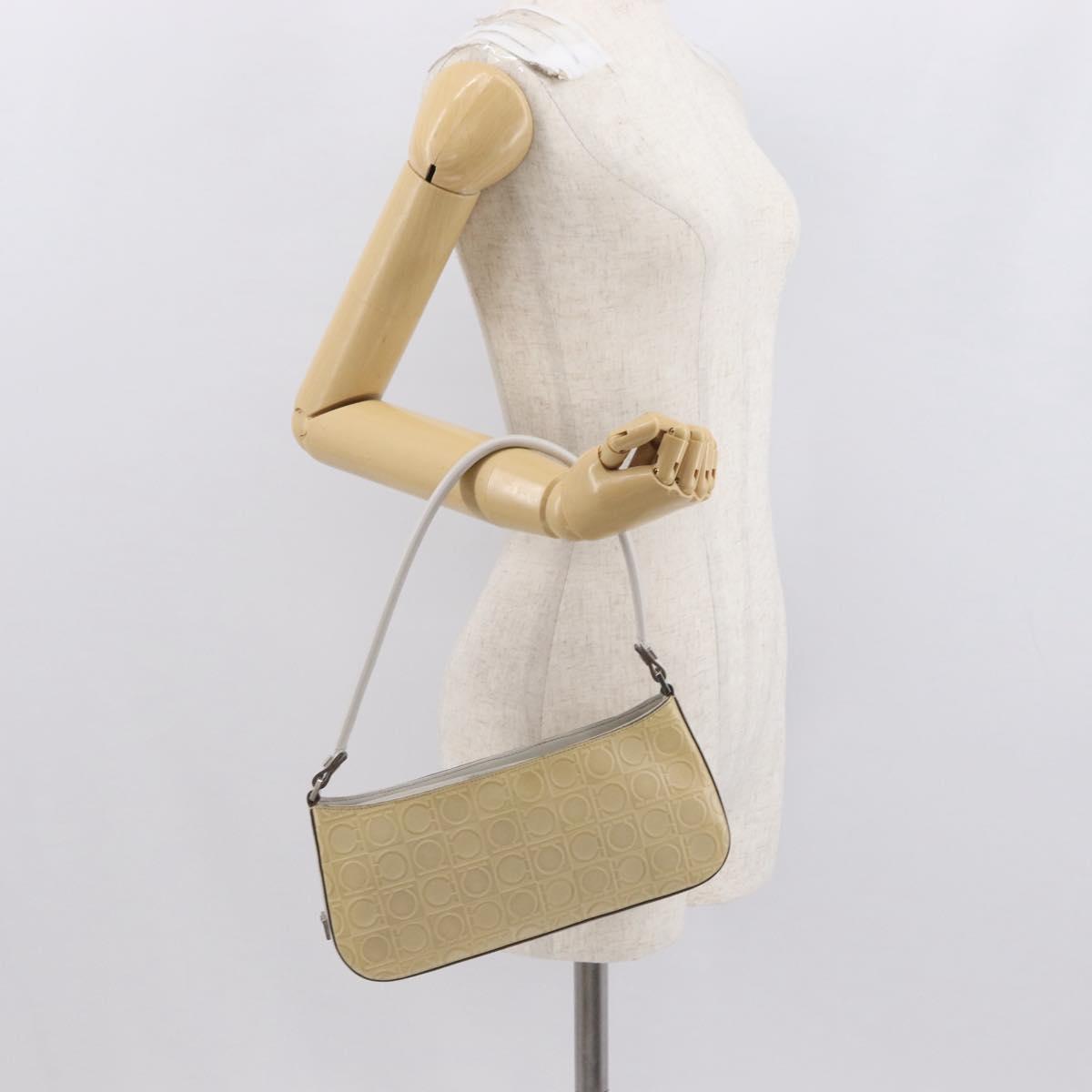 Salvatore Ferragamo Hand Bag Leather Beige Silver Auth SW1883