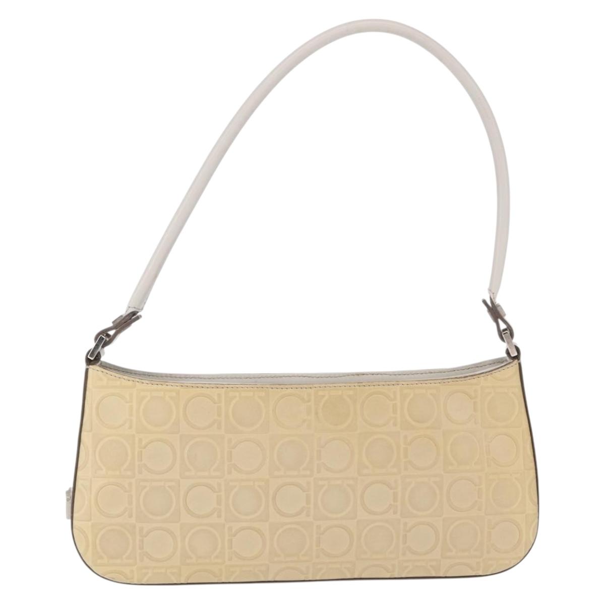 Salvatore Ferragamo Hand Bag Leather Beige Silver Auth SW1883