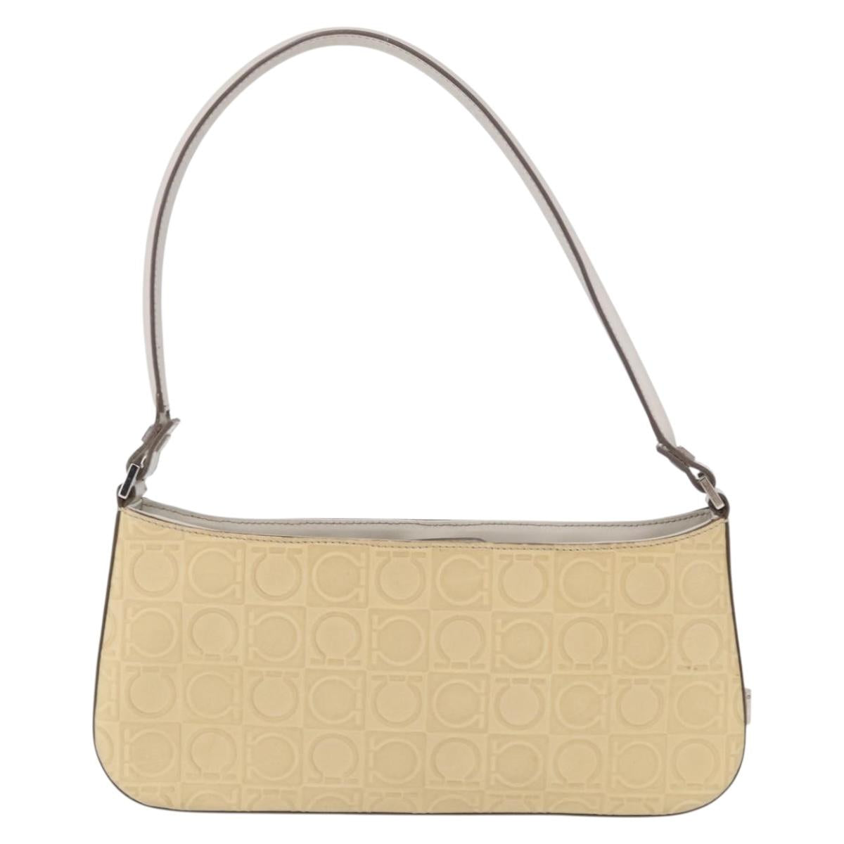 Salvatore Ferragamo Hand Bag Leather Beige Silver Auth SW1883