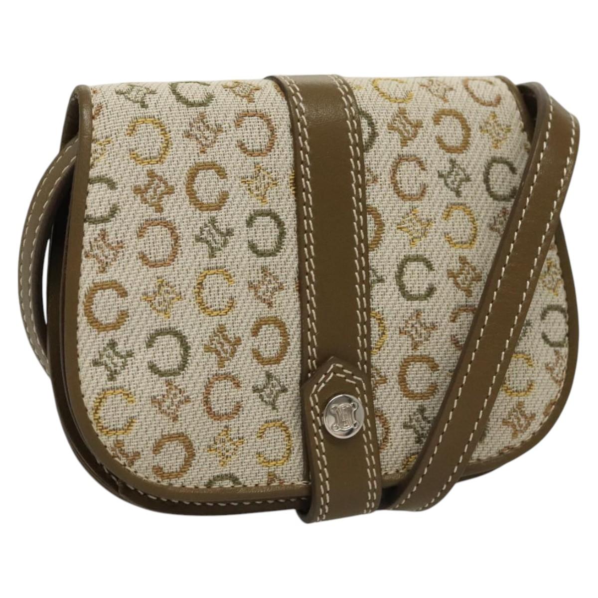 CELINE C Macadam Canvas Shoulder Wallet Khaki Auth sw190V