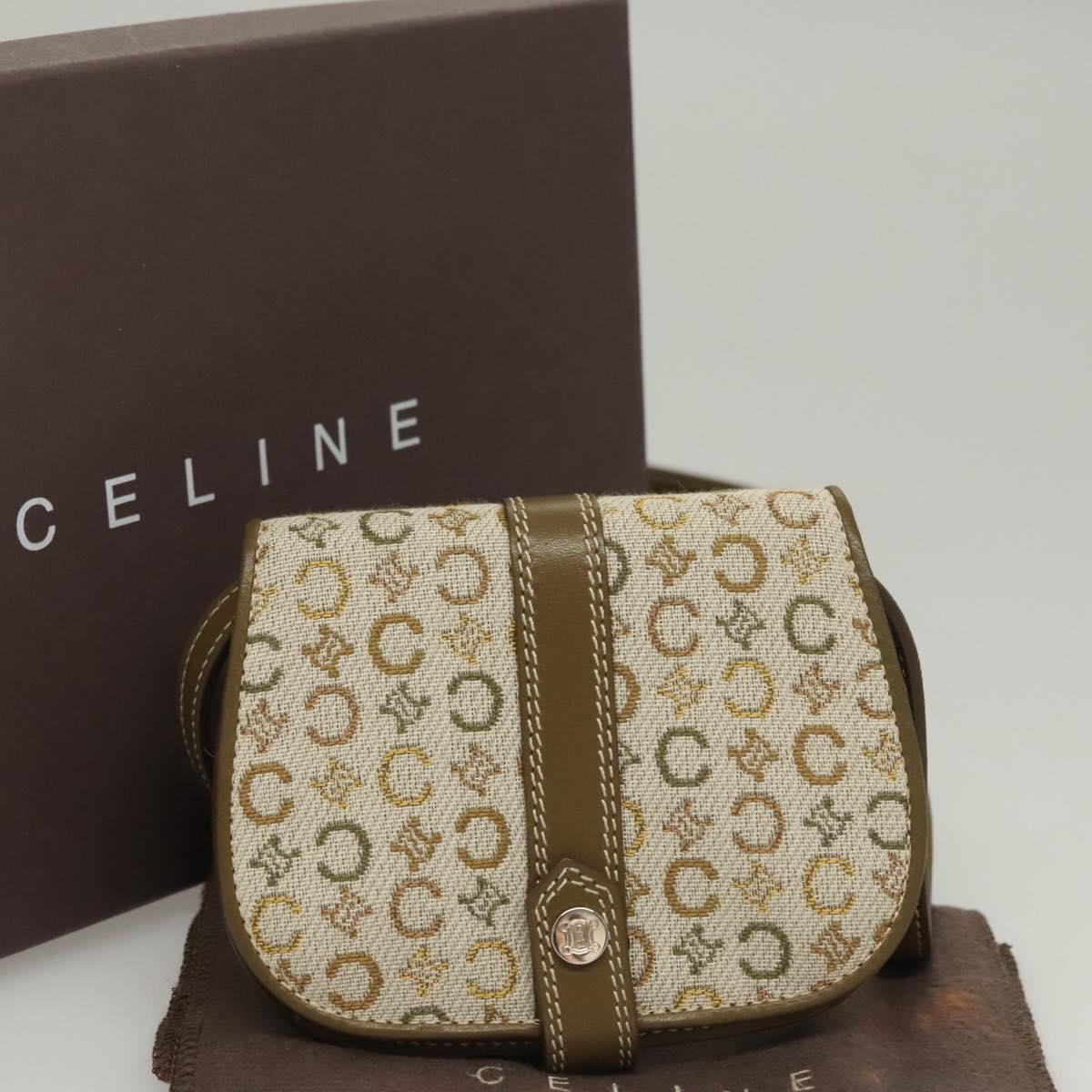CELINE C Macadam Canvas Shoulder Wallet Khaki Auth sw190V