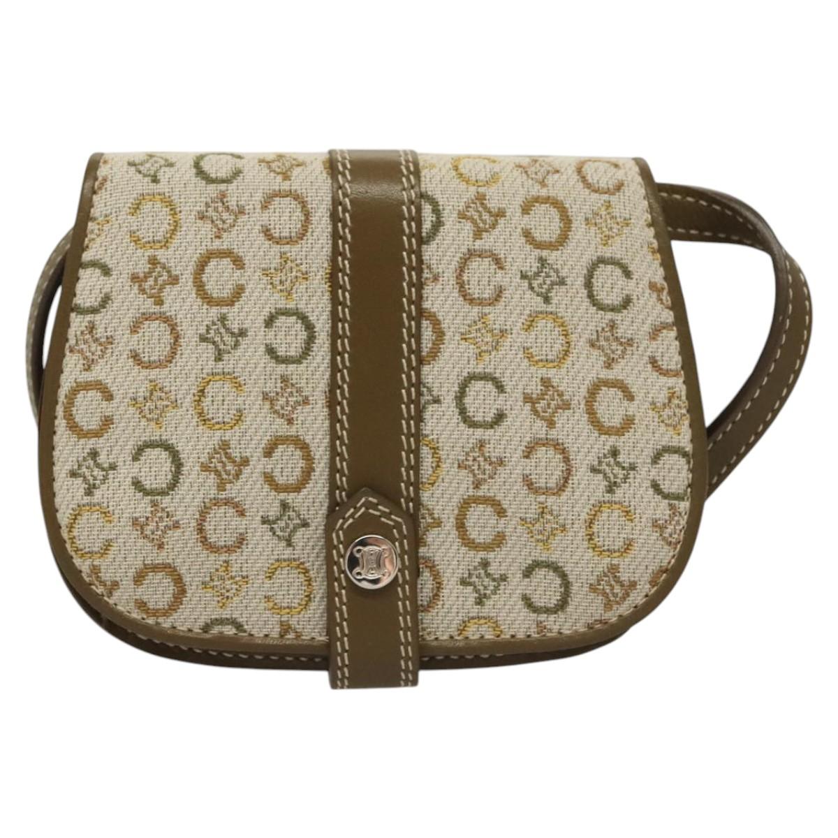 CELINE C Macadam Canvas Shoulder Wallet Khaki Auth sw190V