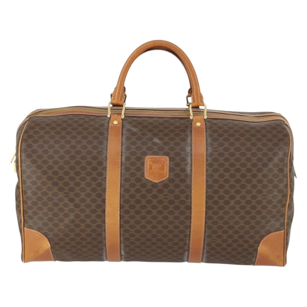 CELINE Macadam Canvas Boston Bag PVC Leather Brown Gold Auth SW1909