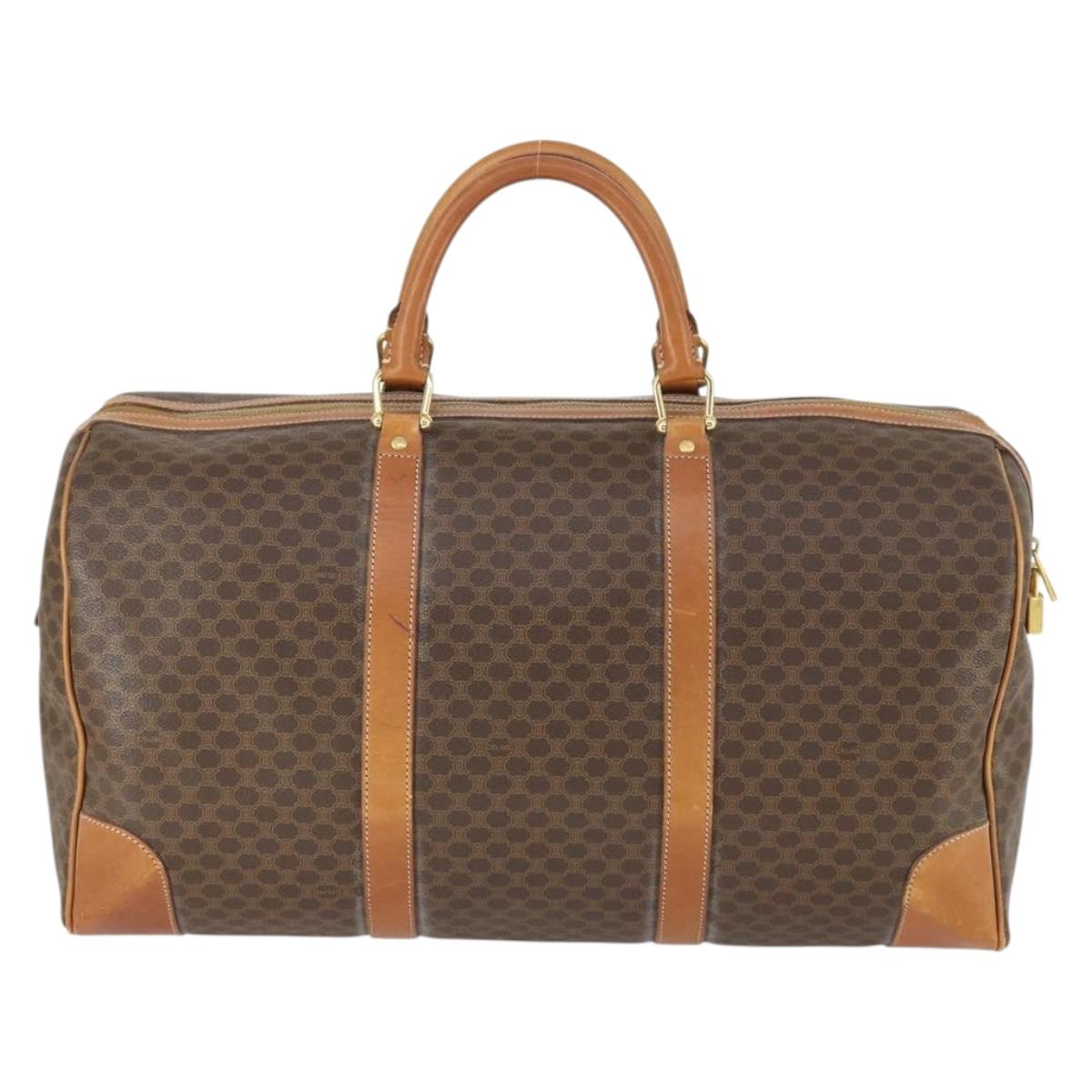 CELINE Macadam Canvas Boston Bag PVC Leather Brown Gold Auth SW1909