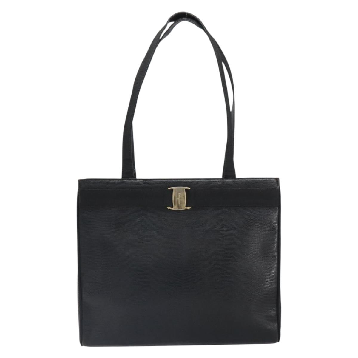 Salvatore Ferragamo Tote Bag Leather Black Gold Auth SW1922