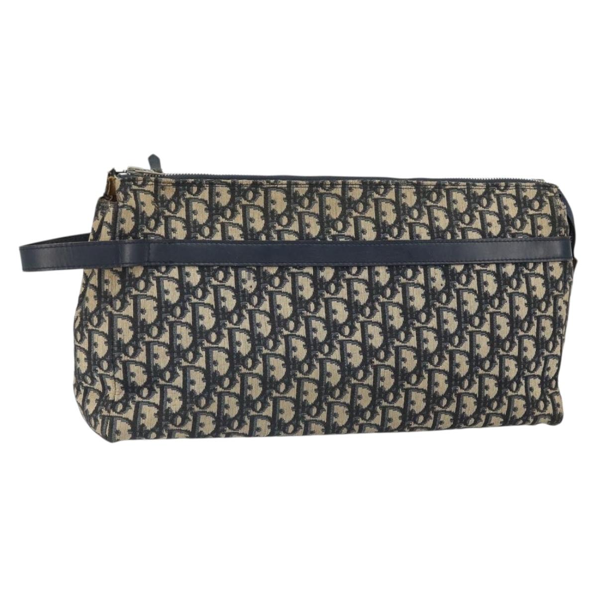 Christian Dior Trotter Canvas Clutch Bag Navy Silver Auth SW1934