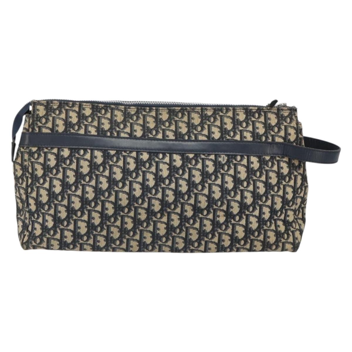 Christian Dior Trotter Canvas Clutch Bag Navy Silver Auth SW1934