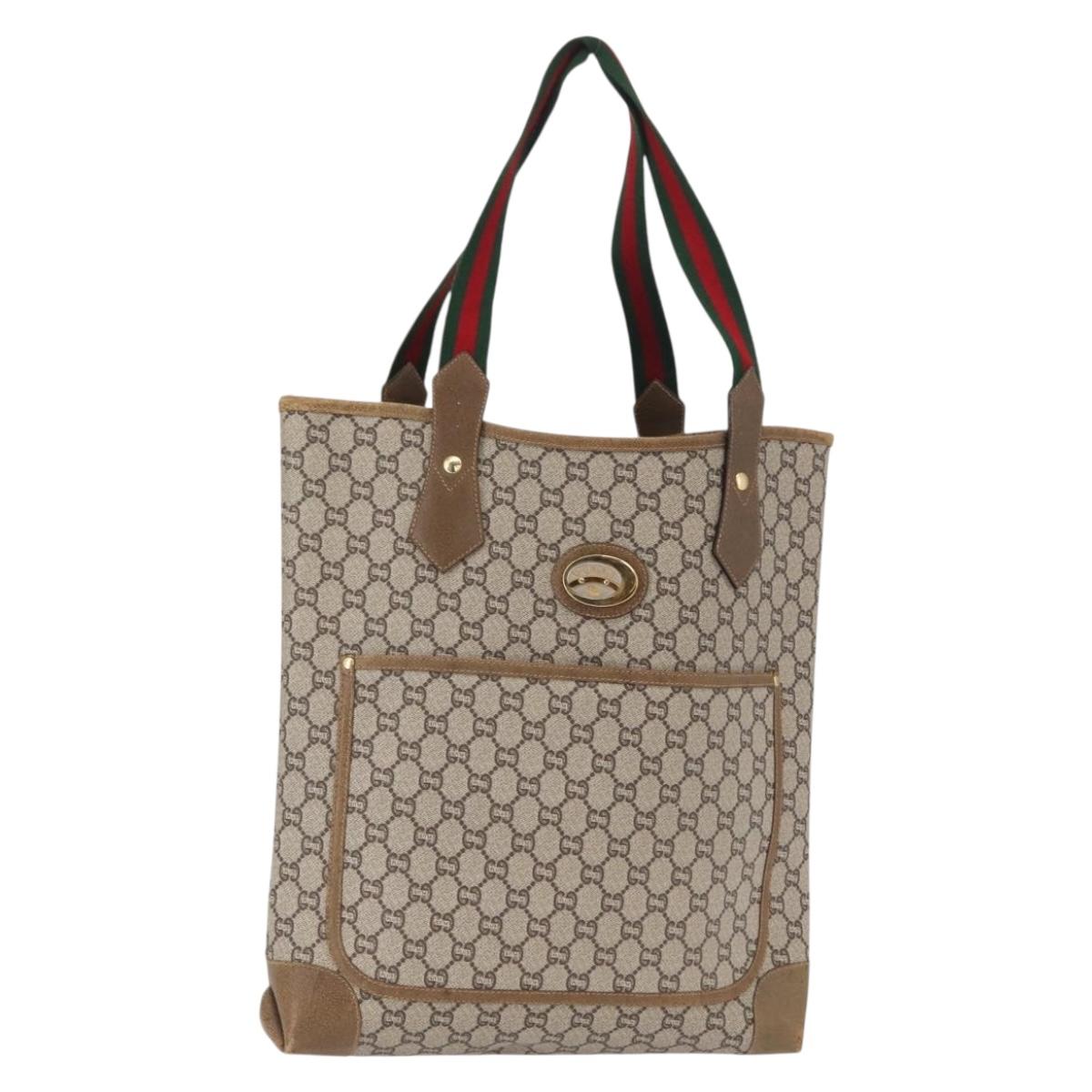 GUCCI GG Plus Supreme Web Sherry Line Tote Bag PVC Beige Gold Auth SW1936