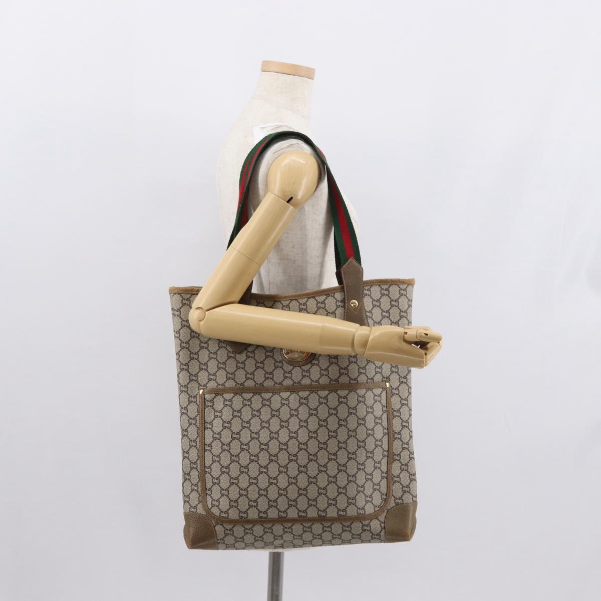 GUCCI GG Plus Supreme Web Sherry Line Tote Bag PVC Beige Gold Auth SW1936