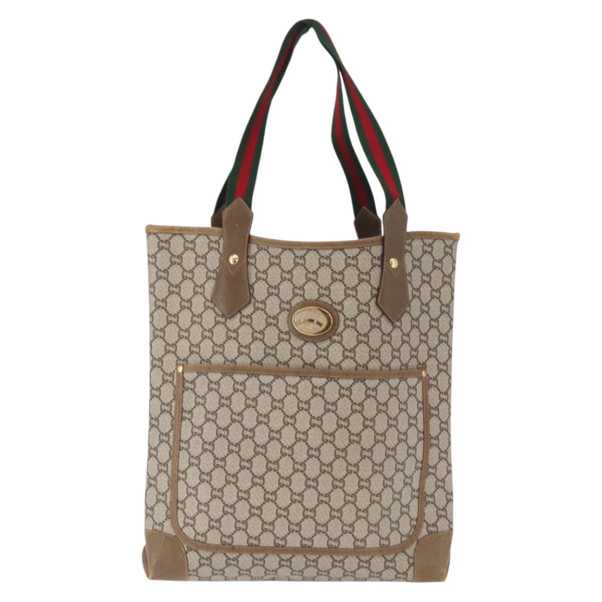 GUCCI GG Plus Supreme Web Sherry Line Tote Bag PVC Beige Gold Auth SW1936