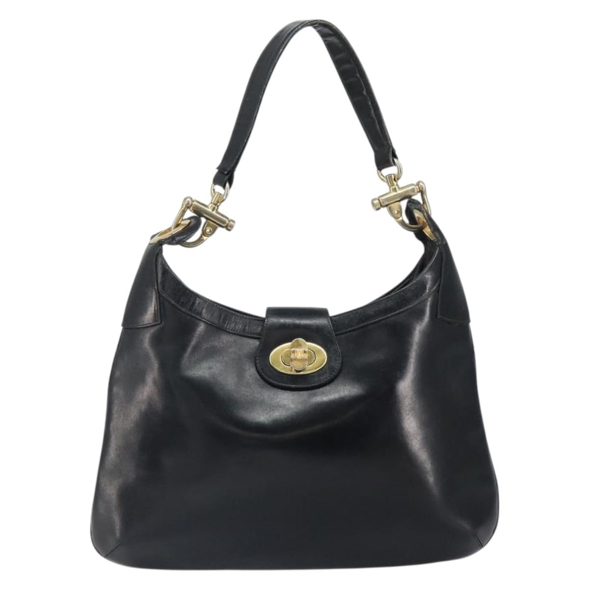 CELINE Shoulder Bag Leather Black Gold Auth SW1942