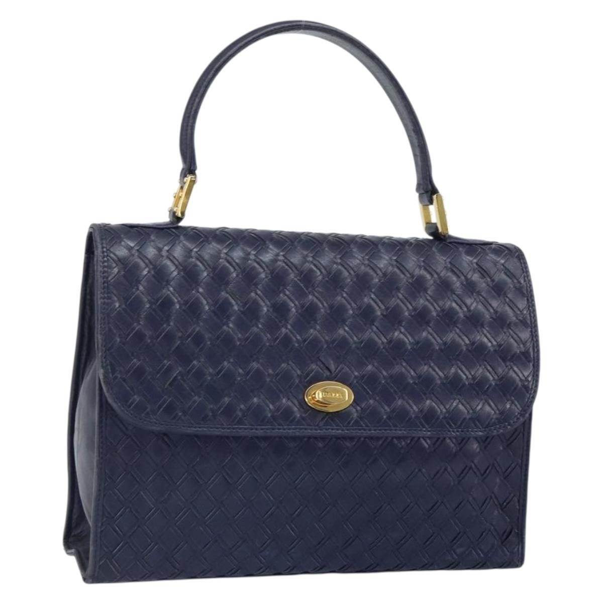 BALLY Hand Bag Leather Navy Gold Auth SW1949