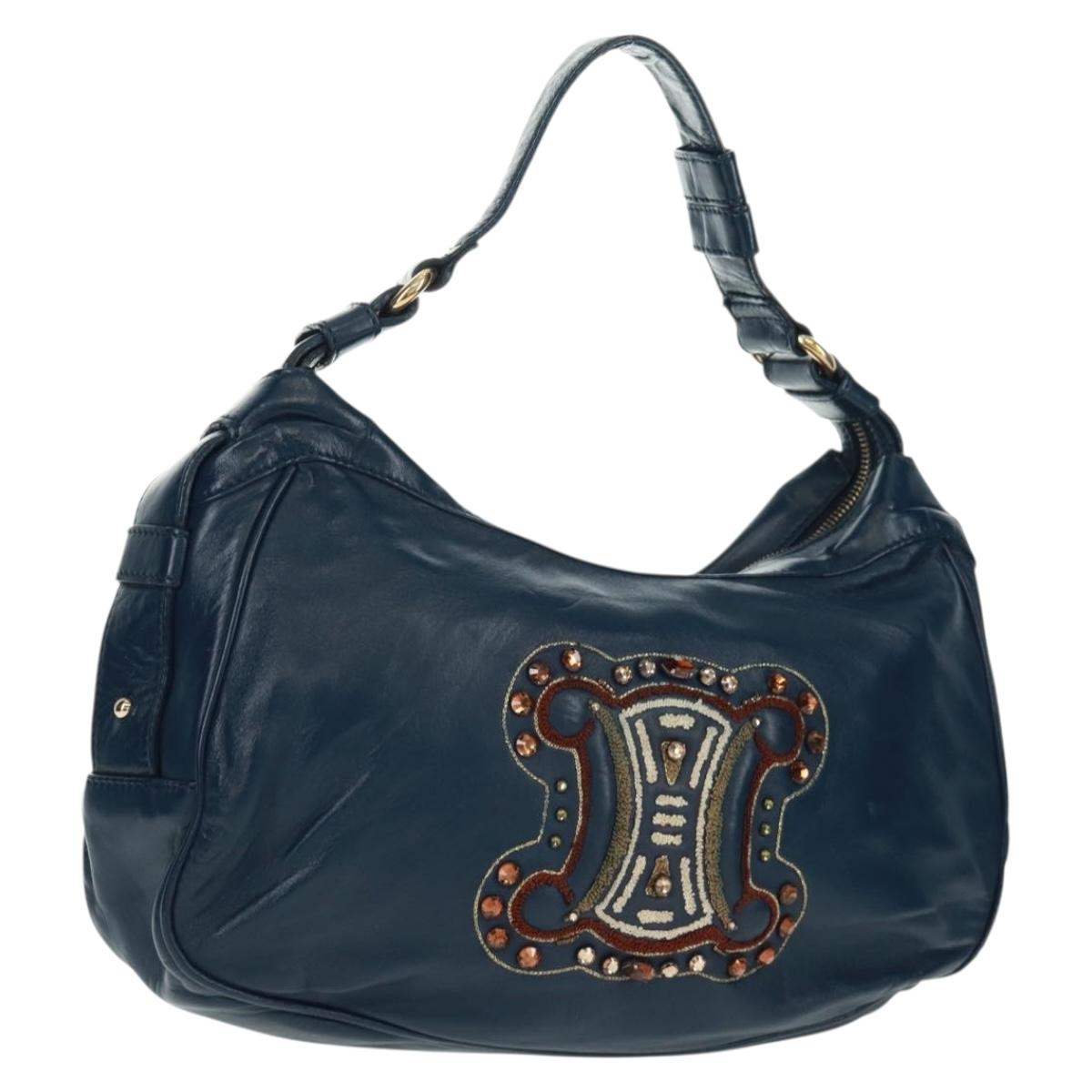CELINE Hand Bag Leather Navy Gold Auth SW1962V