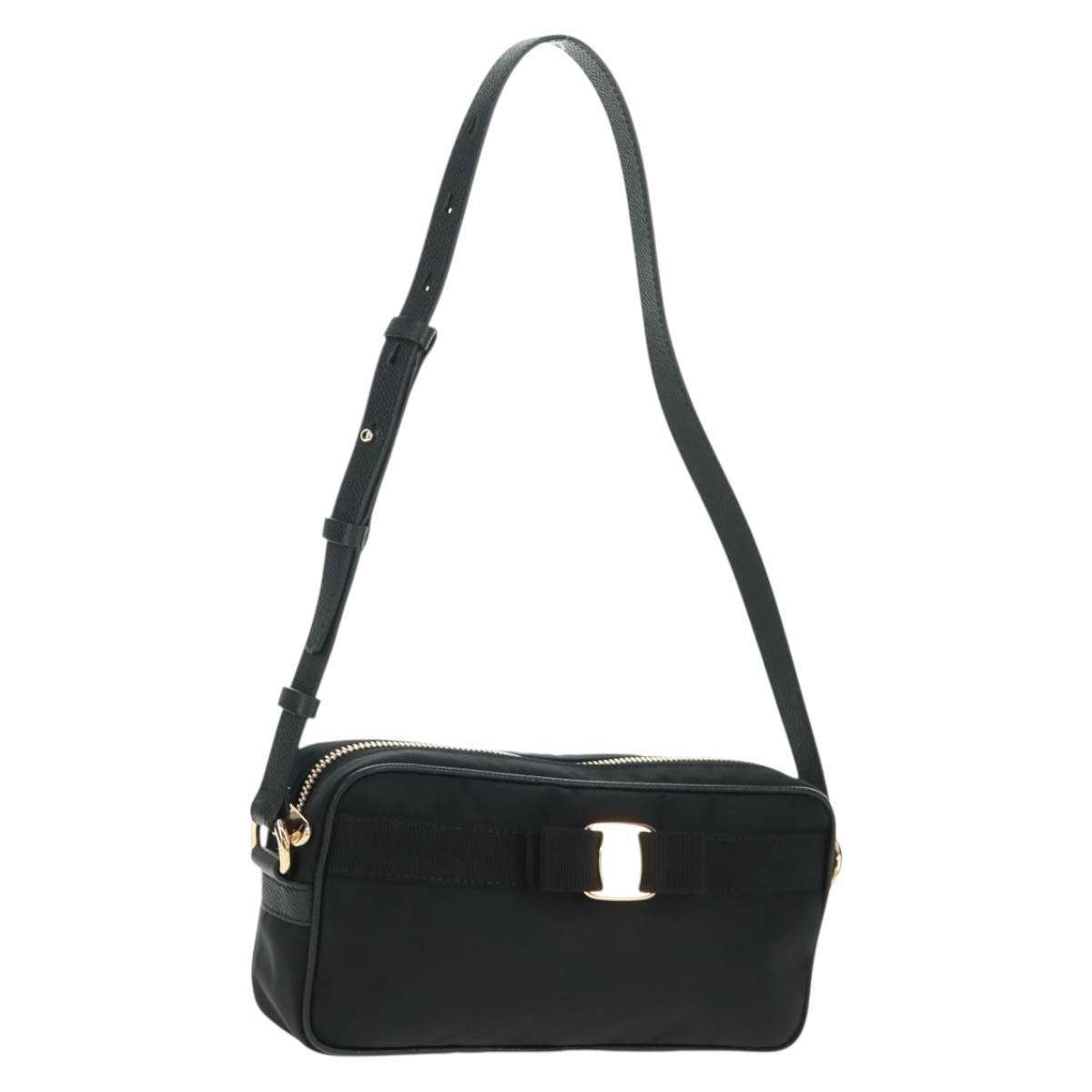 Salvatore Ferragamo Shoulder Bag Nylon Black Gold Auth SW1967V