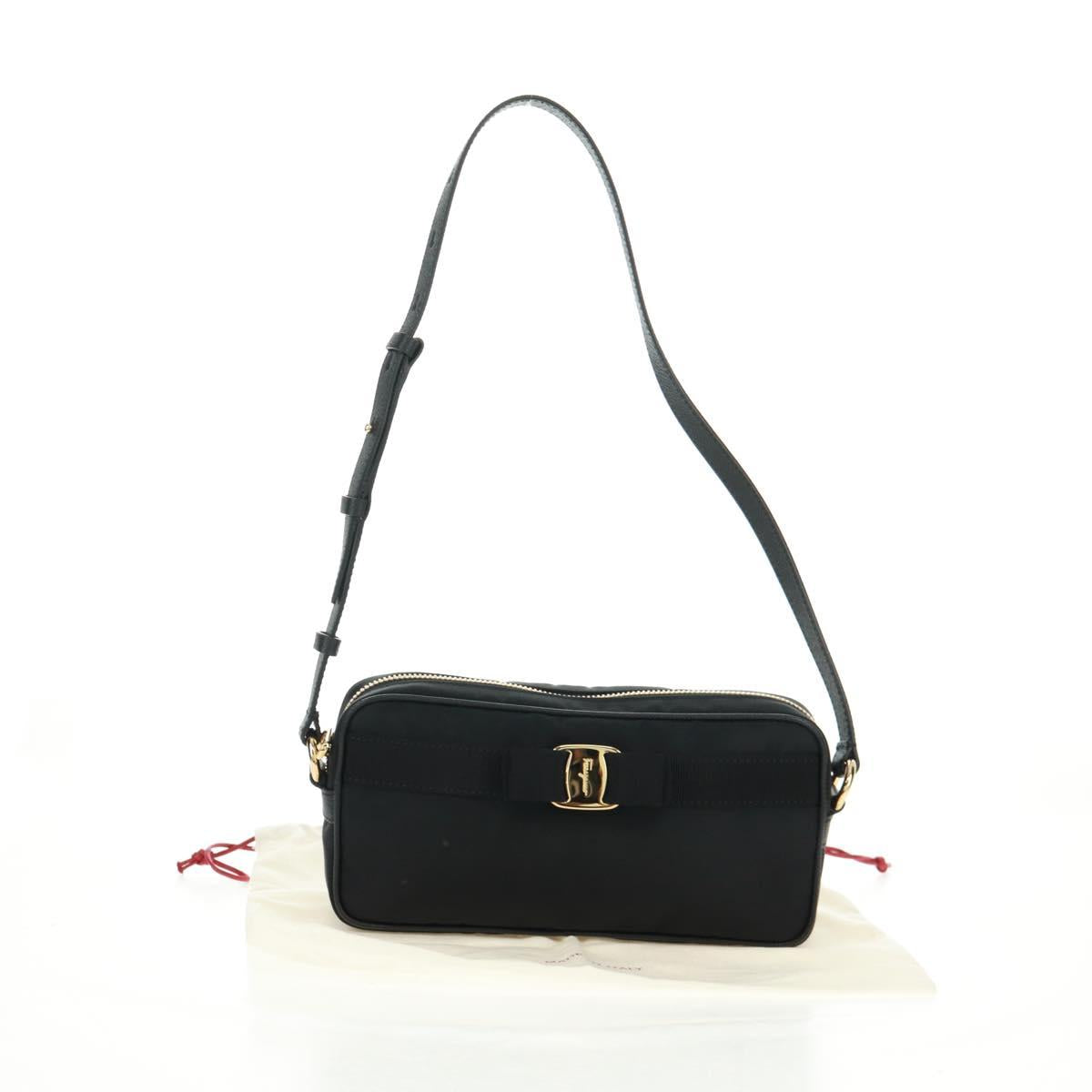 Salvatore Ferragamo Shoulder Bag Nylon Black Gold Auth SW1967V