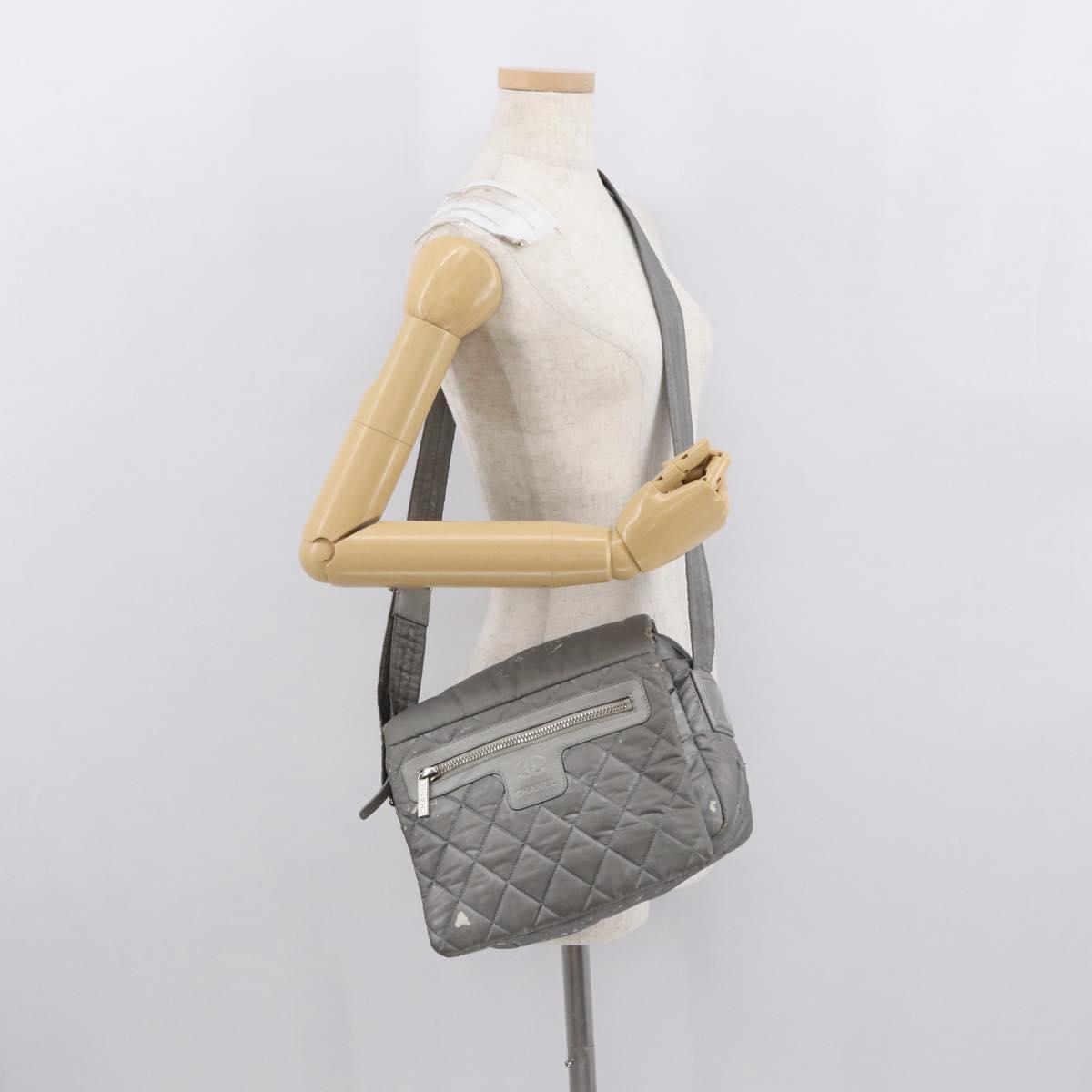 CHANEL Cococoon Shoulder Bag Nylon Gray Silver CC Auth SW1968