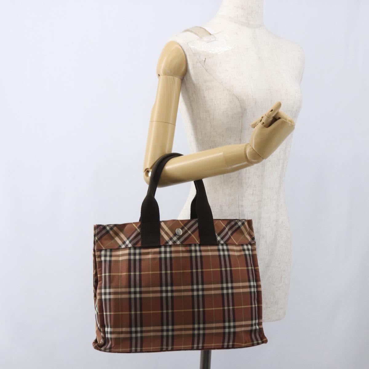 BURBERRY Nova Check Blue Label Tote Bag Nylon Brown Silver Auth SW2027
